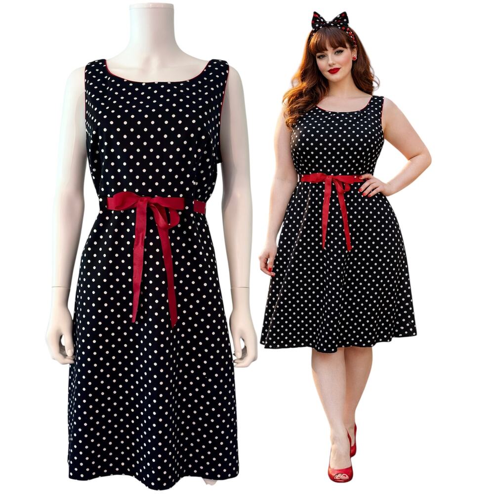 Sheri Martin Polka Dot Dress Size 14 Rockabilly Pinup Retro Ribbon Belt Black